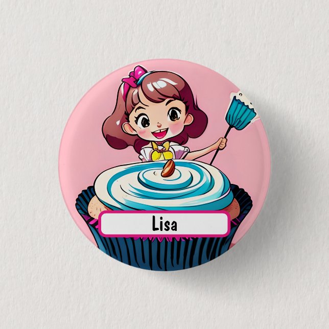 Pink Cupcake Princess With Customizable Nametag Button (Front)