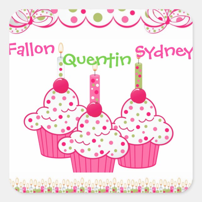 PINK Cupcake Stickets Triplets Square Sticker (Front)
