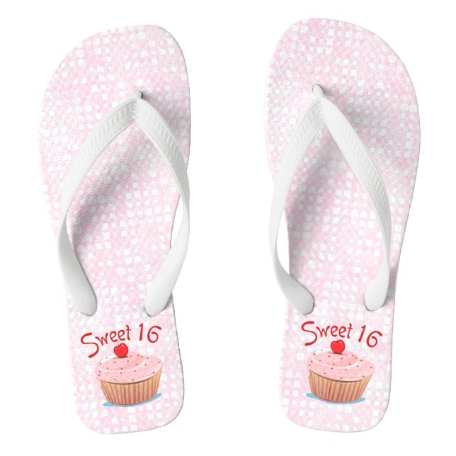 Pink Cupcake Sweet 16 16th Birthday Flip Flops (Footbed)