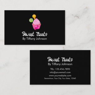Pink Cupcake Sweet Treats Bakery Black Business Card
