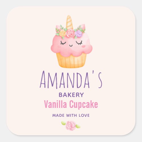 Pink Cupcake Unicorn with Roses Bakery Business Square Sticker