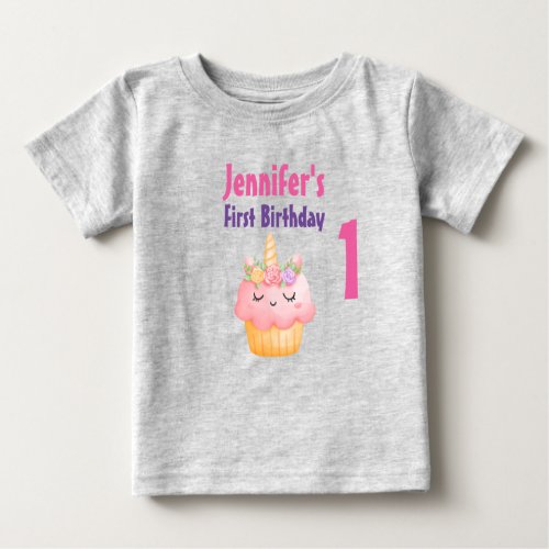 Pink Cupcake Unicorn with Roses Birthday Baby T_Shirt