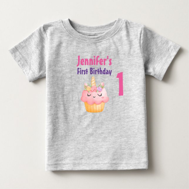 Pink Cupcake Unicorn with Roses Birthday Baby T-Shirt (Front)