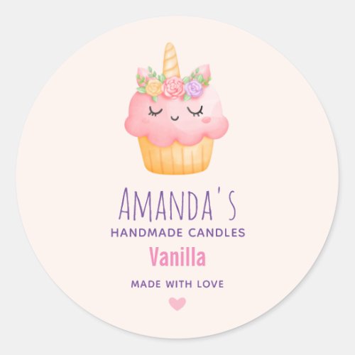 Pink Cupcake Unicorn with Roses Candle Business Classic Round Sticker