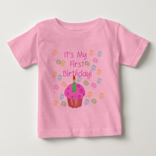 Pink Cupcake With Candle First Birthday Baby T-Shirt (Front)