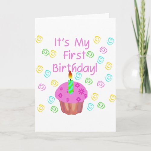 Pink Cupcake With Candle First Birthday Card