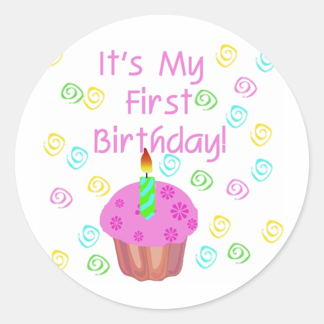 Pink Cupcake With Candle First Birthday Classic Round Sticker (Front)