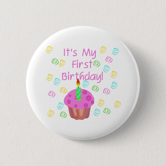 Pink Cupcake With Candle First Birthday Pinback Button (Front)
