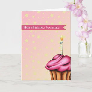 Pink Cupcake with Candle Personalized Birthday Card