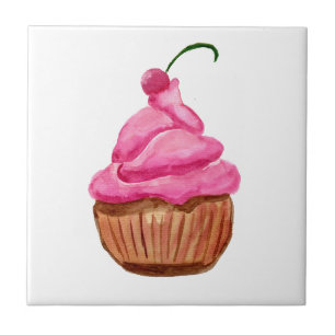 Pink Cupcake with Cherry Ceramic Tile