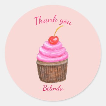 Pink Cupcake With Cherry Customizable Favor   Classic Round Sticker by MiKaArt at Zazzle