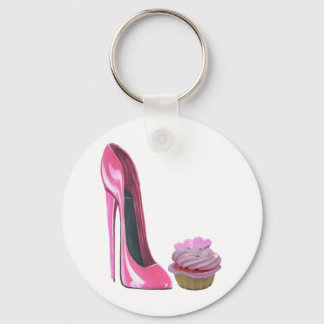 Pink Cupcake with Hearts and Pink Stiletto Shoe Keychain
