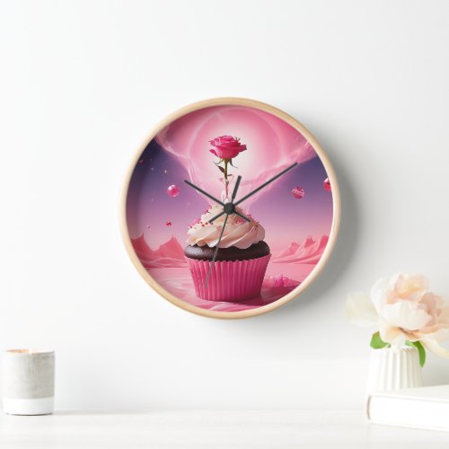 Pink Cupcake with Pink Rose Clock