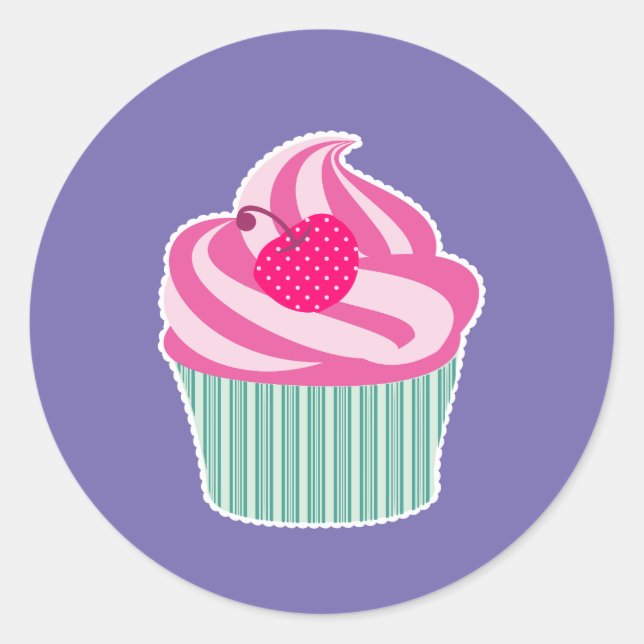 Pink Cupcake with Polka Dot Cherry Classic Round Sticker (Front)