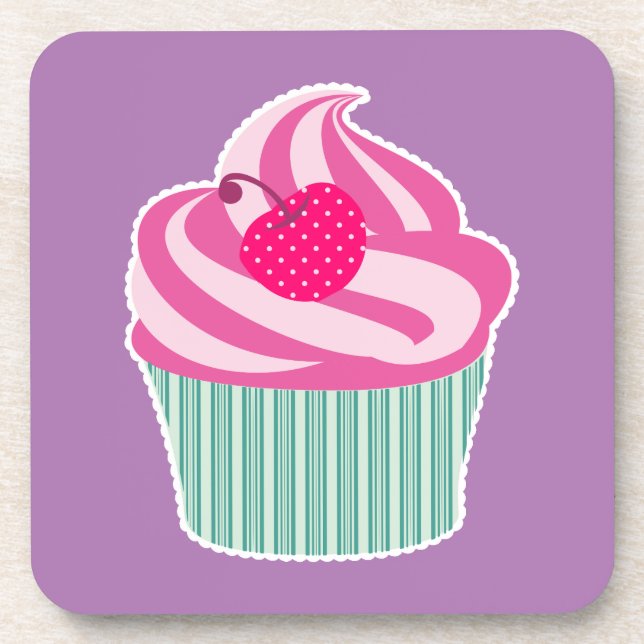 Pink Cupcake WIth Polka Dot Cherry Drink Coaster (Front)