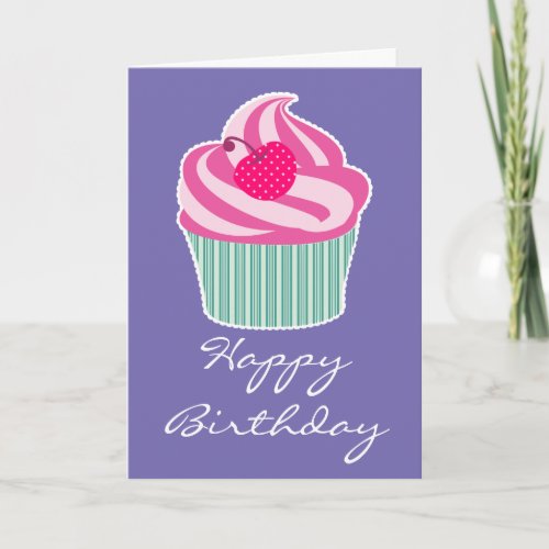 Pink Cupcake WIth Polka Dot Cherry Happy Birthday Card
