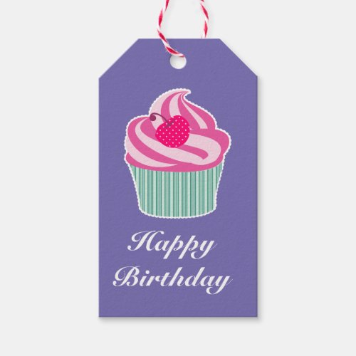 Pink Cupcake WIth Polka Dot Cherry Happy Birthday Gift Tags