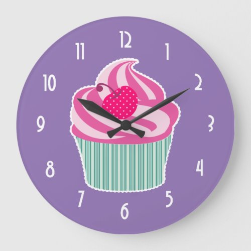 Pink Cupcake WIth Polka Dot Cherry Large Clock