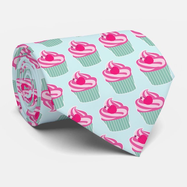 Pink Cupcake WIth Polka Dot Cherry Neck Tie (Rolled)