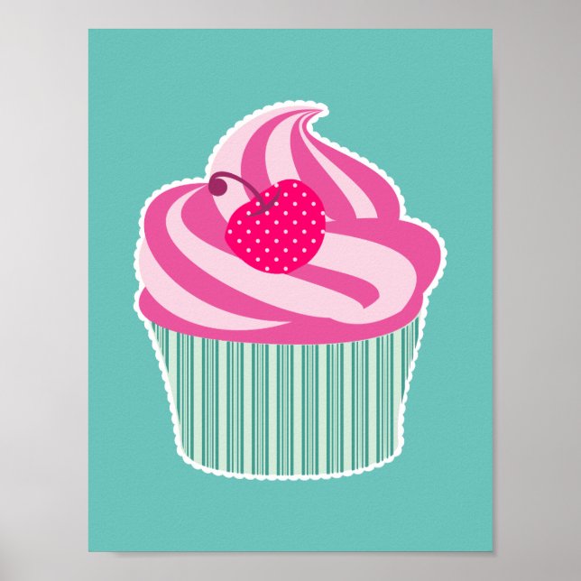 Pink Cupcake WIth Polka Dot Cherry Poster (Front)