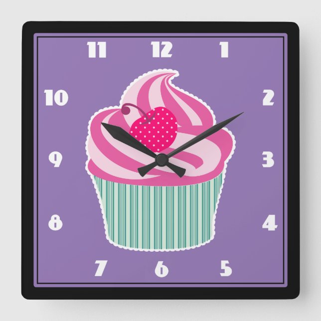 Pink Cupcake WIth Polka Dot Cherry Square Wall Clock (Front)