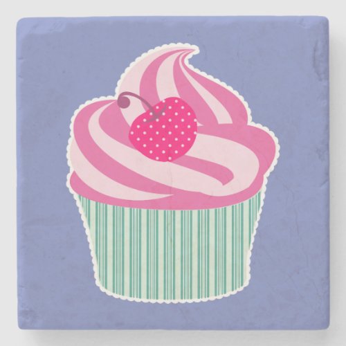 Pink Cupcake WIth Polka Dot Cherry Stone Coaster