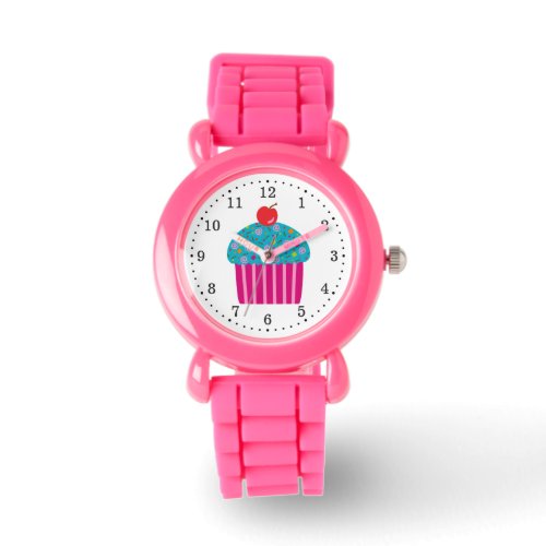 Pink Cupcake with Turquoise Frosting Red Cherry Watch