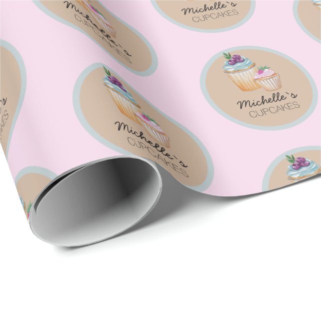 Pink CupCakes And Fruits Watercolor Wrapping Paper (Roll Corner)