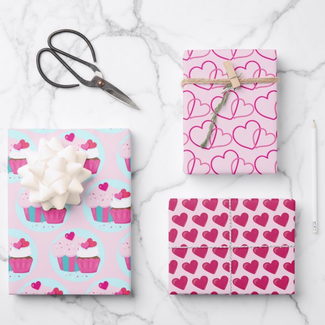 Pink Cupcakes and Hearts Wrapping Paper Sheets (Front)