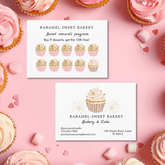 Pink Cupcakes Bakery Program Reward Loyalty Card (Blush Pink Gold Cupcakes Reward Program Loyalty card)