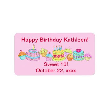 Pink Cupcakes /cake Happy Birthday Sweet 16 Label by phyllisdobbs at Zazzle