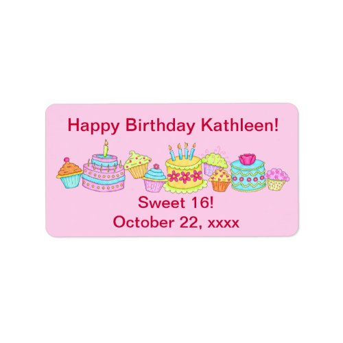 Pink Cupcakes Cake Happy Birthday Sweet 16 Label