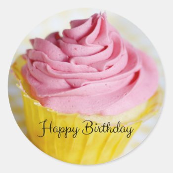 Pink Cupcakes Happy Birthday Classic Round Sticker by Meg_Stewart at Zazzle