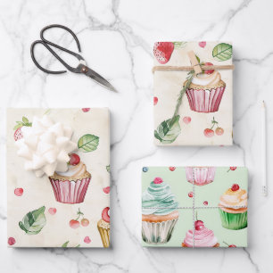 Pink Cupcakes Strawberries Birthday Wrapping Paper Sheets