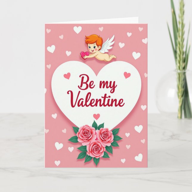 Pink Cupid Heart Pattern Valentine Card (Front)