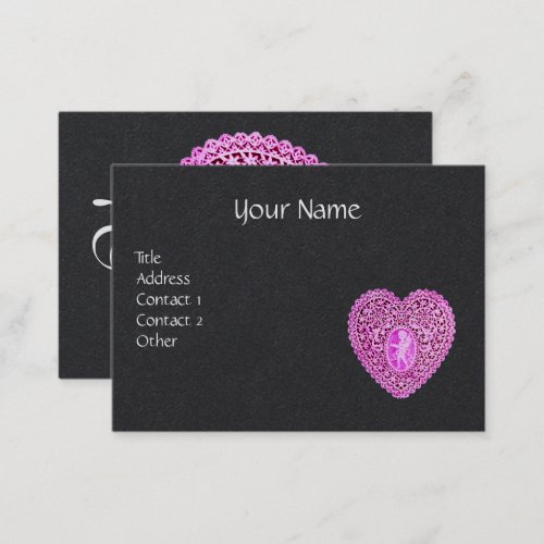 PINK CUPID LACE HEART MONOGRAM Black Paper Business Card