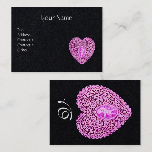 PINK CUPID LACE HEART MONOGRAM Black Paper Business Card (Front/Back)