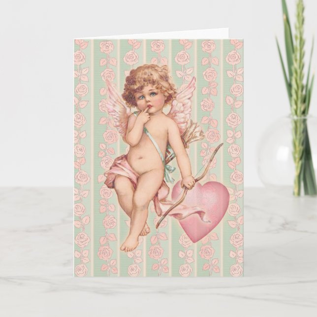 Pink Cupid on Roses Holiday Card (Front)