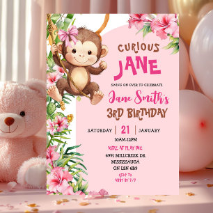 Pink Curious Monkey Safari Theme Birthday Invitation