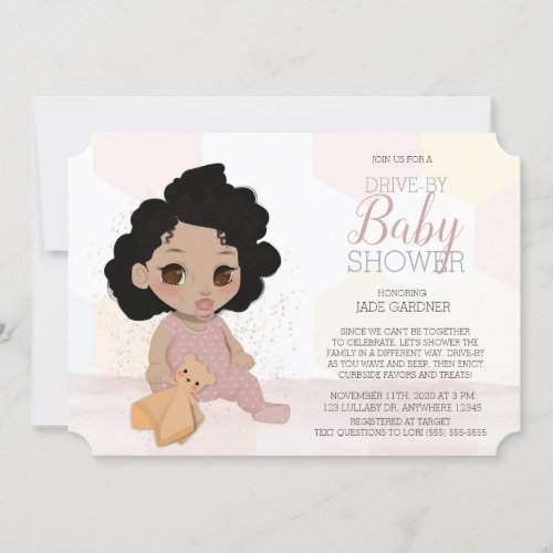 Pink Curly Hair Drive By Baby Shower Invitation 4