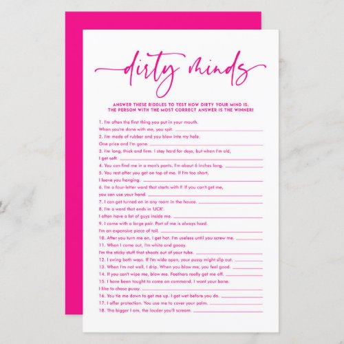 Pink Cursive Dirty Minds Bridal Shower Game Card