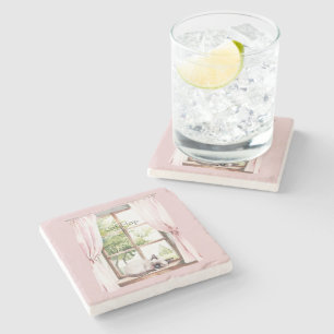 Pink Curtains Cat Nap Window Stone Coaster