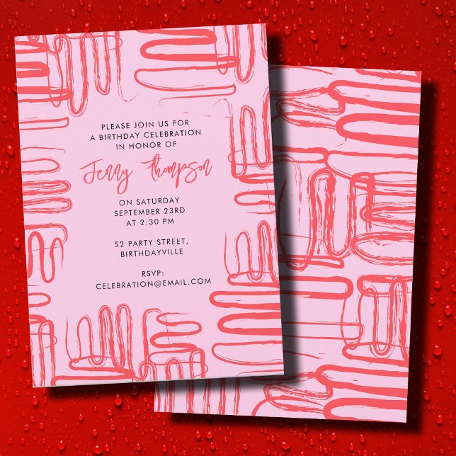 Pink Curve Wavy Squiggle Abstract Birthday Party Invitation (Pink Curve Wavy Squiggle Abstract Birthday Party Invitation)