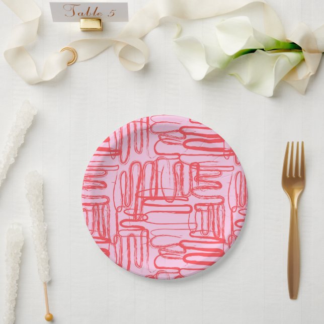 Pink Curve Wavy Squiggle Abstract Modern Paper Plates (Wedding)