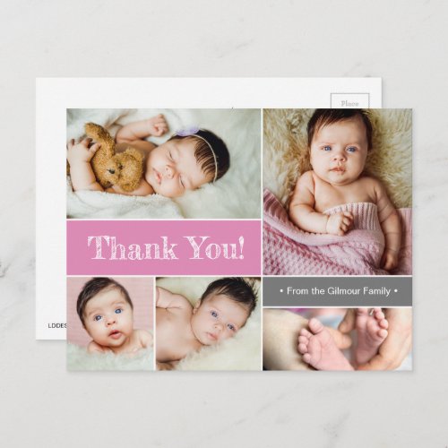 Pink Custom Baby birth announcement Thank You Postcard