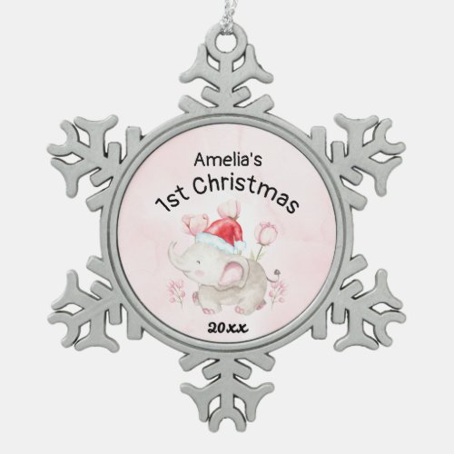 Pink Custom Baby Girl Name First Christmas 2022 Snowflake Pewter Christmas Ornament