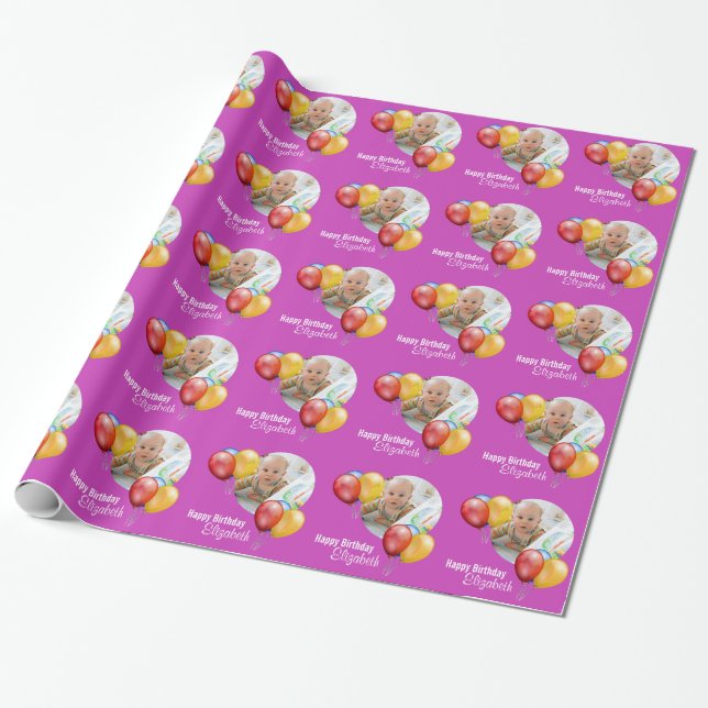 Pink Custom Birthday Balloon Gift Wrapping Paper (Unrolled)
