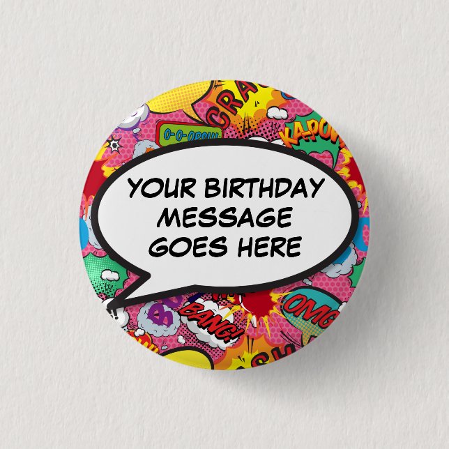 Pink Custom Comic Book Birthday Party Favor Button (Front)