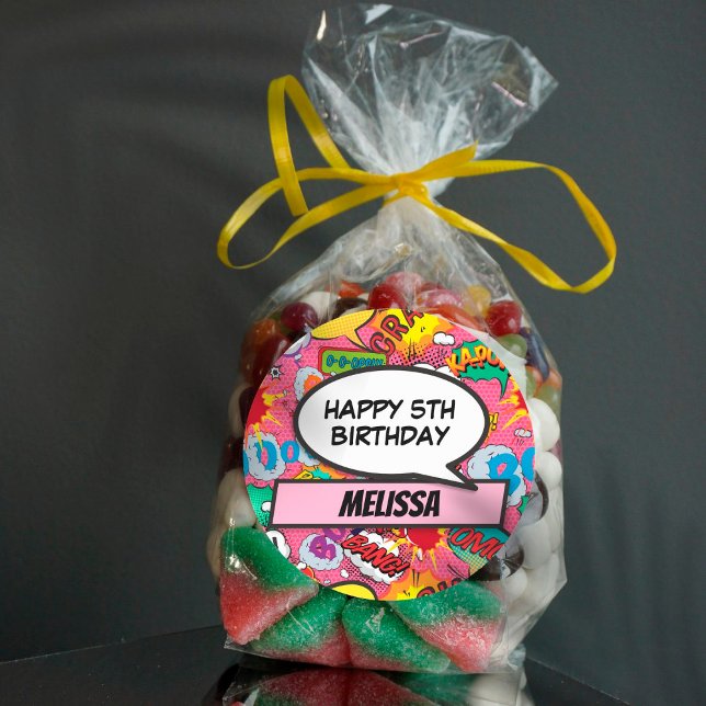 Pink Custom Comic Book Superhero Birthday Party Classic Round Sticker (Creator Uploaded)