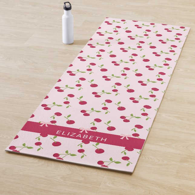 Pink Custom Cute Cherry Print Pattern Coquette  Yoga Mat (In Situ)